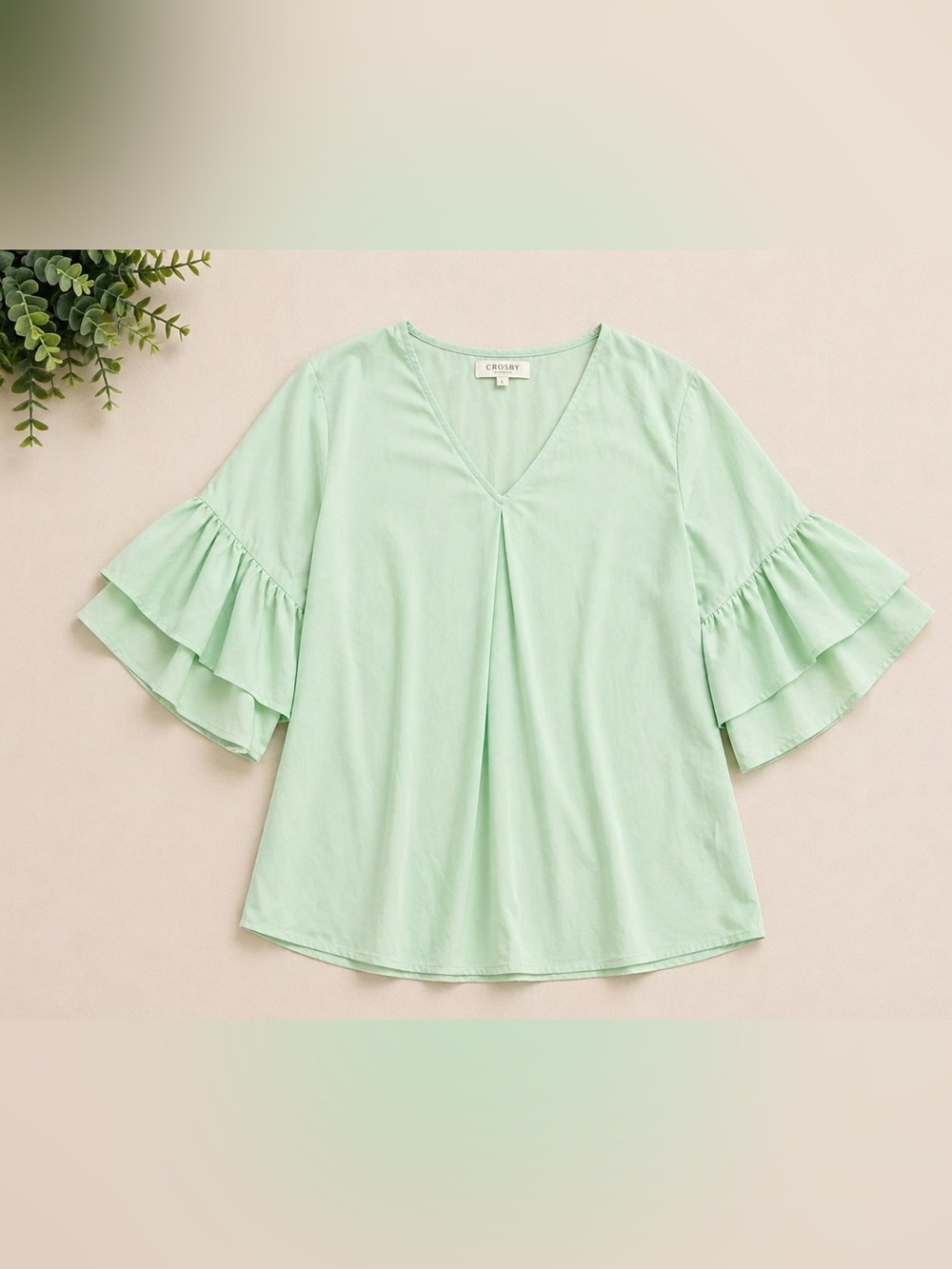 Crosby by Mollie Burch Mint Ruffle Sleeve Blouse Flowing Top L